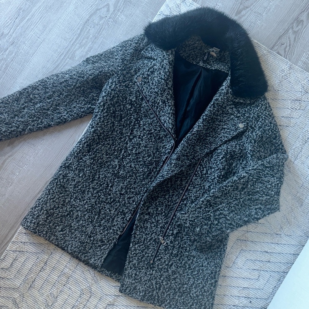 Tweed faux fur collar jacket